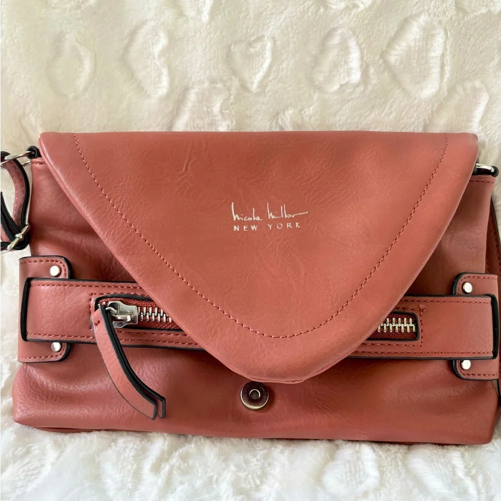 Nicole Miller Handbag Laura Small Crossbody Brown zipper detail front. Very soft